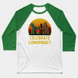 Celebrate Conspiracy: Bigfoot and Alien Drinking Beers Together Baseball T-Shirt